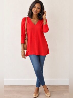 Chico's V-Neck 3/4 Sleeve Tunic Knit Top Red Pima Cotton blend New w/ tags Sz 2